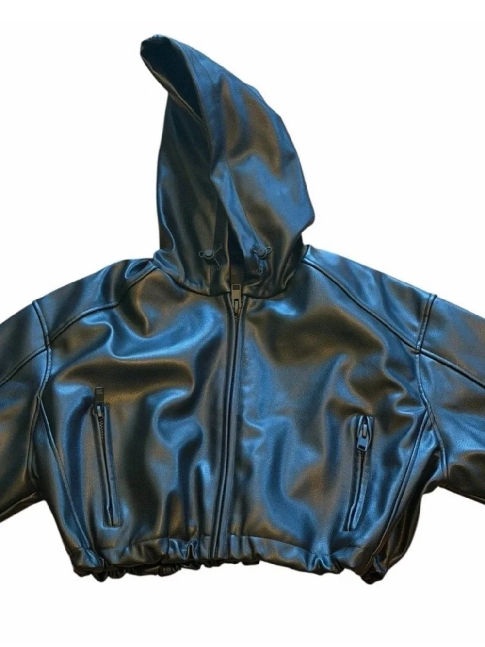 KHY Oversized Black Faux Leather Hooded Bomber Jacket Sz M - Picture 13 of 14